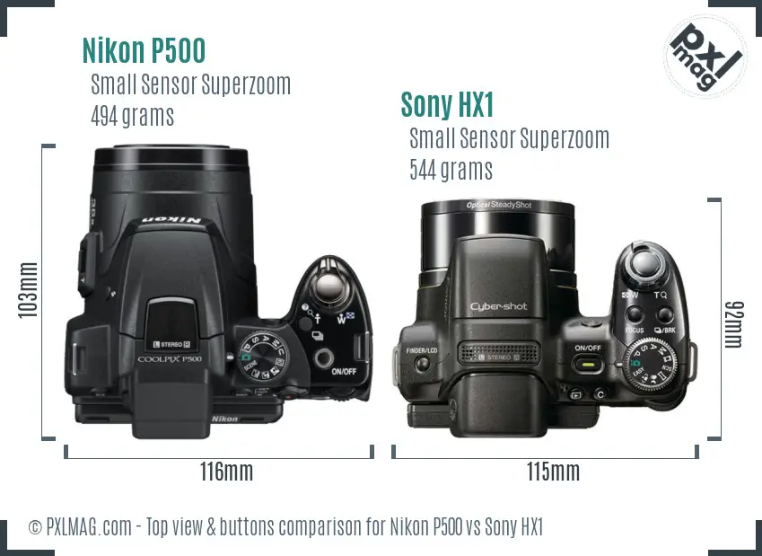 Nikon P500 vs Sony HX1 top view buttons comparison