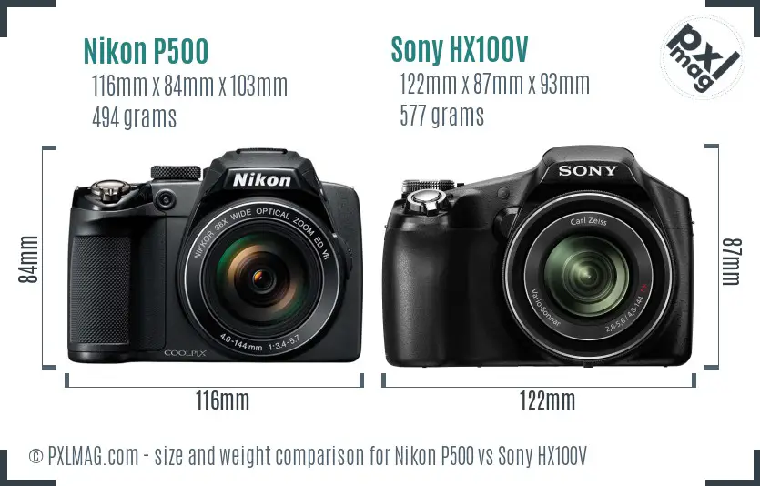 Nikon P500 vs Sony HX100V size comparison