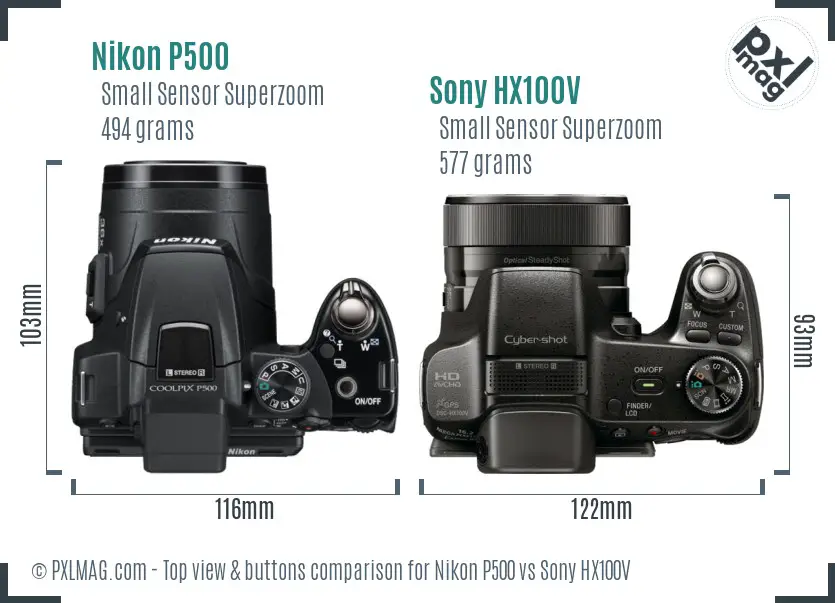 Nikon P500 vs Sony HX100V top view buttons comparison