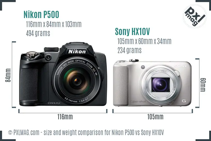 Nikon P500 vs Sony HX10V size comparison