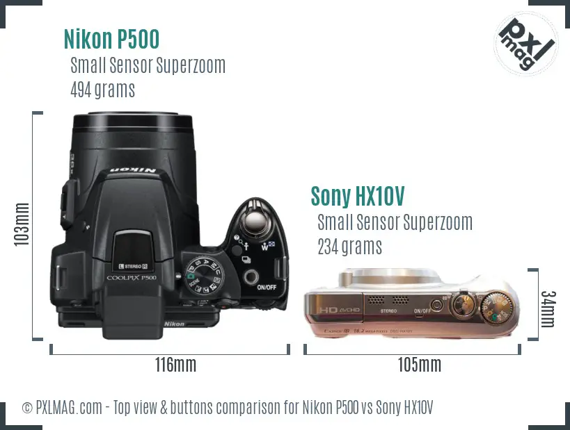 Nikon P500 vs Sony HX10V top view buttons comparison