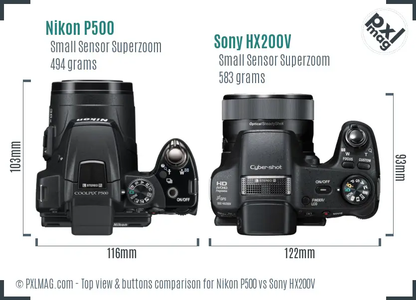 Nikon P500 vs Sony HX200V top view buttons comparison