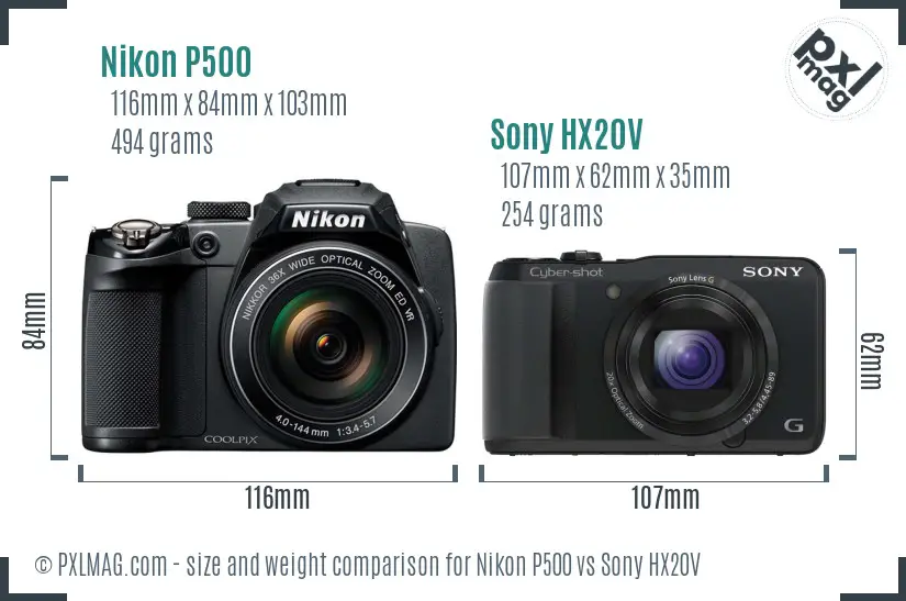 Nikon P500 vs Sony HX20V size comparison