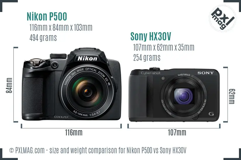 Nikon P500 vs Sony HX30V size comparison