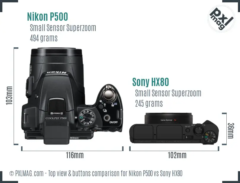 Nikon P500 vs Sony HX80 top view buttons comparison