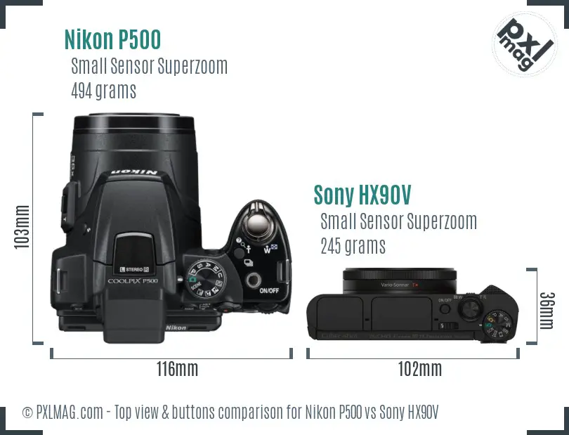 Nikon P500 vs Sony HX90V top view buttons comparison Nikon P500 vs Sony HX90V top view buttons comparison
