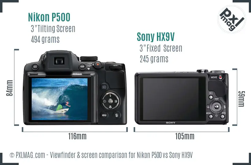 Nikon P500 vs Sony HX9V Screen and Viewfinder comparison