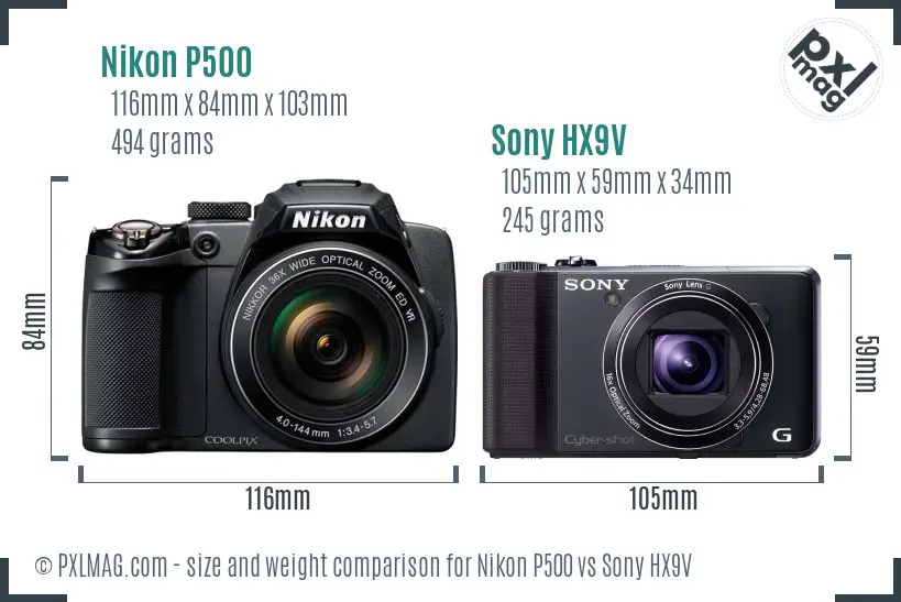 Nikon P500 vs Sony HX9V size comparison