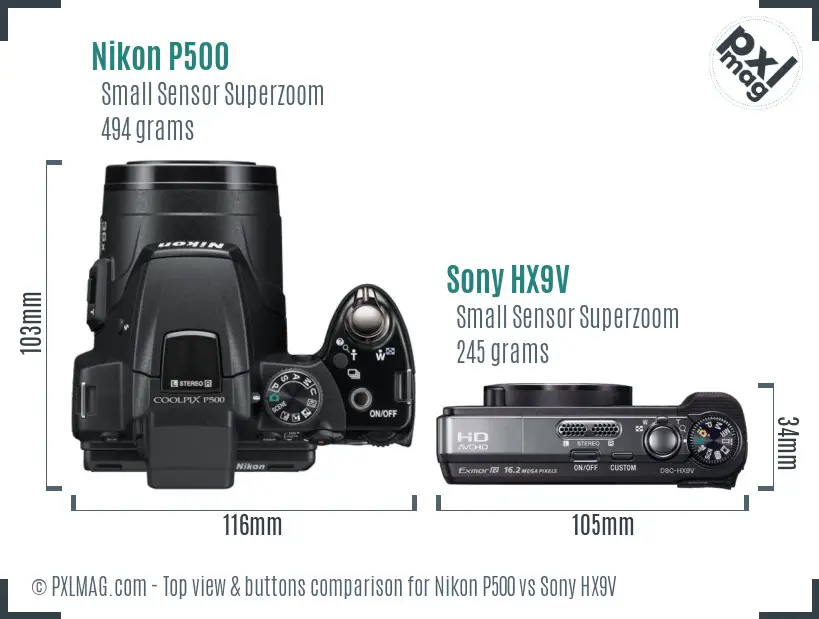 Nikon P500 vs Sony HX9V top view buttons comparison