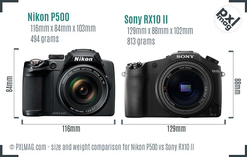 Nikon P500 vs Sony RX10 II size comparison