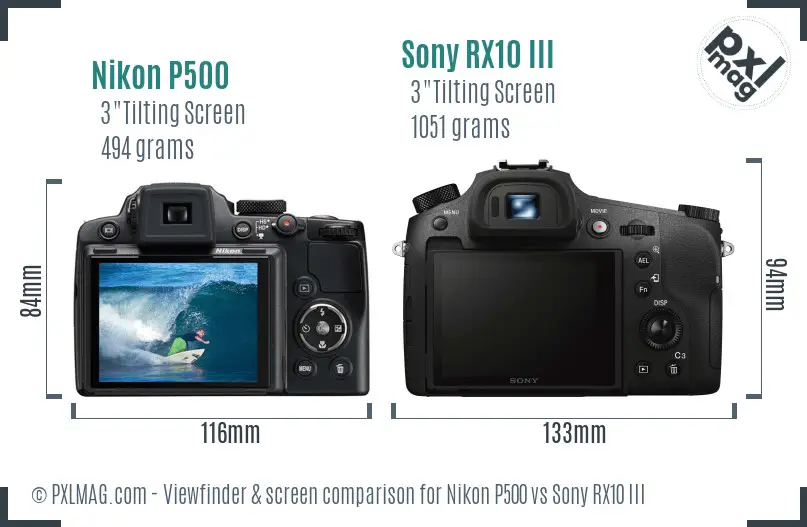 Nikon P500 vs Sony RX10 III Screen and Viewfinder comparison