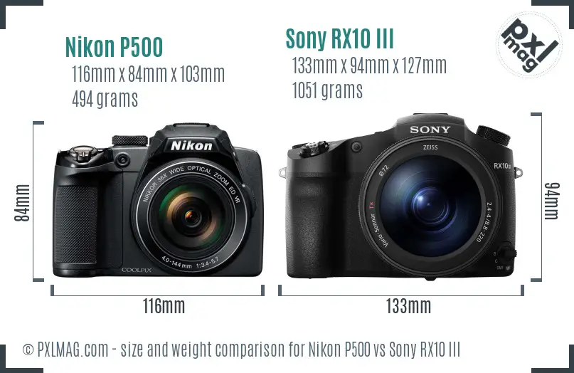 Nikon P500 vs Sony RX10 III size comparison