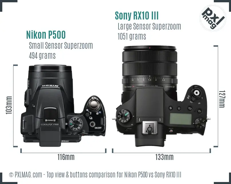 Nikon P500 vs Sony RX10 III top view buttons comparison