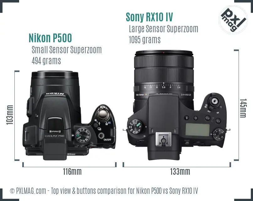 Nikon P500 vs Sony RX10 IV top view buttons comparison