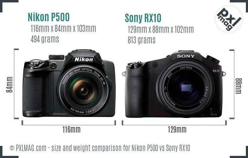 Nikon P500 vs Sony RX10 size comparison