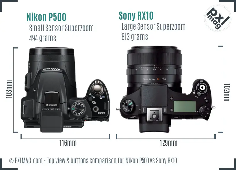 Nikon P500 vs Sony RX10 top view buttons comparison