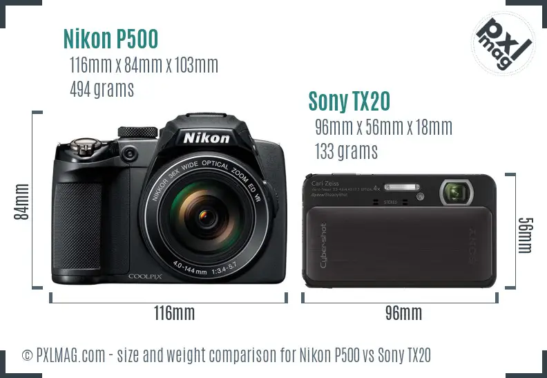 Nikon P500 vs Sony TX20 size comparison