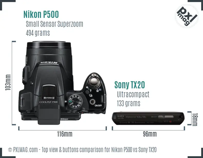 Nikon P500 vs Sony TX20 top view buttons comparison