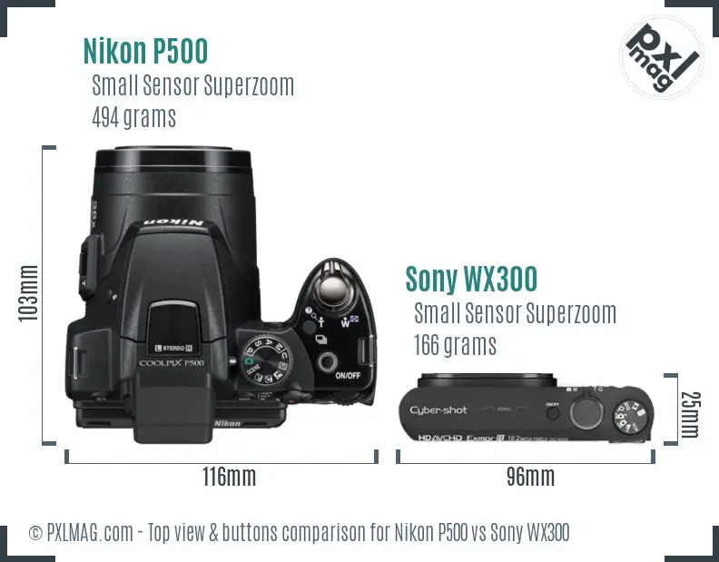 Nikon P500 vs Sony WX300 top view buttons comparison