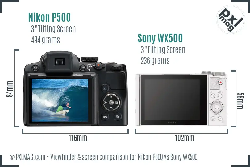 Nikon P500 vs Sony WX500 Screen and Viewfinder comparison