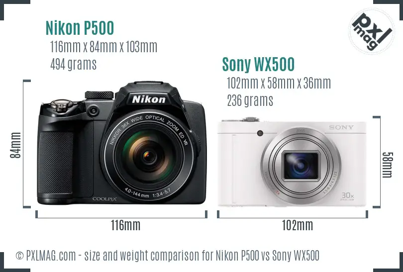 Nikon P500 vs Sony WX500 size comparison