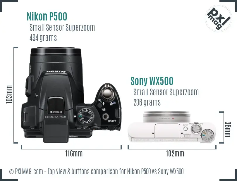 Nikon P500 vs Sony WX500 top view buttons comparison