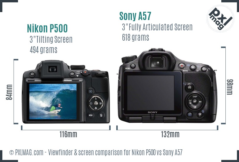 Nikon P500 vs Sony A57 Screen and Viewfinder comparison