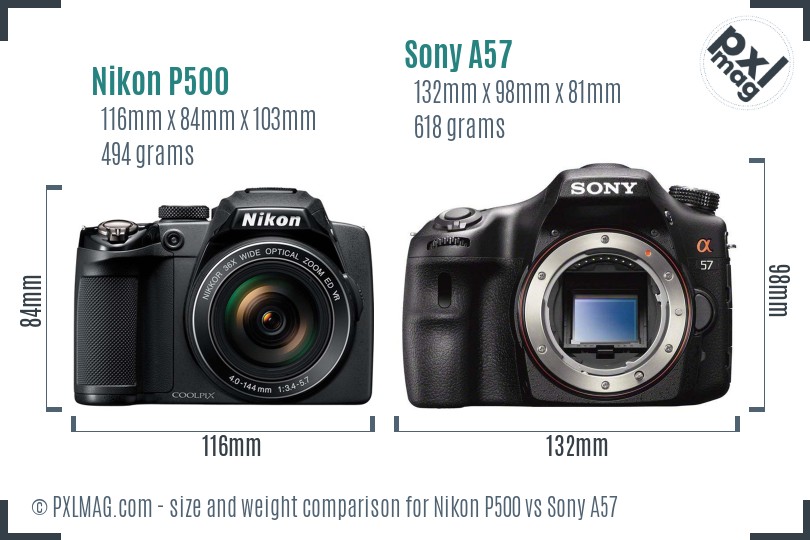 Nikon P500 vs Sony A57 size comparison Nikon P500 vs Sony A57 size comparison