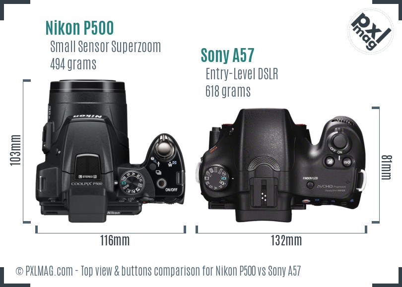 Nikon P500 vs Sony A57 top view buttons comparison