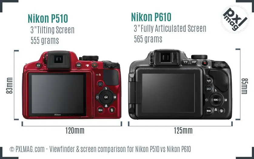 Nikon P510 vs Nikon P610 Screen and Viewfinder comparison