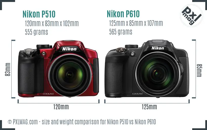 Nikon P510 vs Nikon P610 size comparison