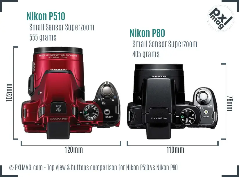 Nikon P510 vs Nikon P80 top view buttons comparison