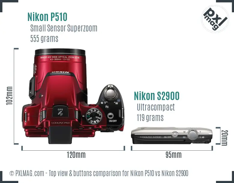 Nikon P510 vs Nikon S2900 top view buttons comparison