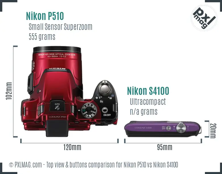 Nikon P510 vs Nikon S4100 top view buttons comparison