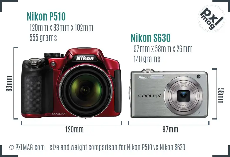 Nikon P510 vs Nikon S630 size comparison