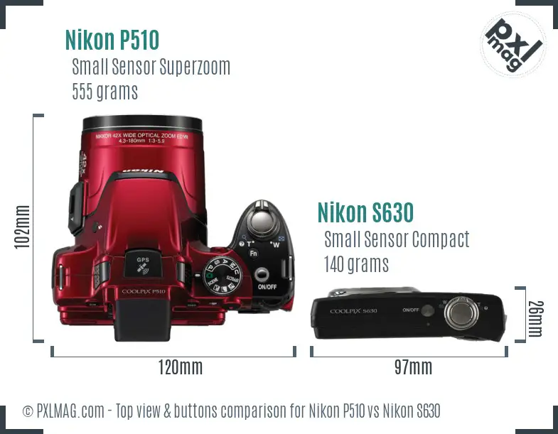 Nikon P510 vs Nikon S630 top view buttons comparison