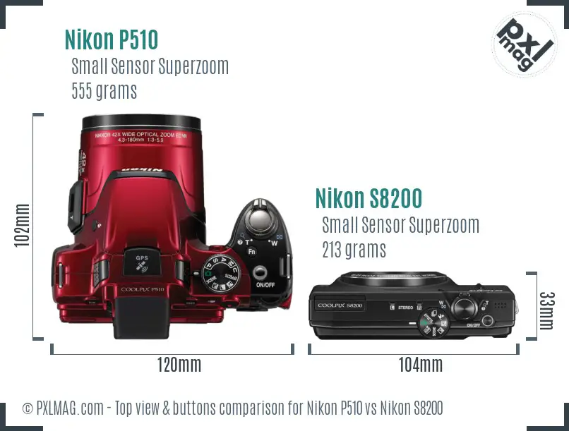 Nikon P510 vs Nikon S8200 top view buttons comparison Nikon P510 vs Nikon S8200 top view buttons comparison