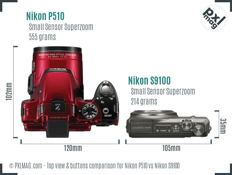 Nikon P510 vs Nikon S9100 top view buttons comparison