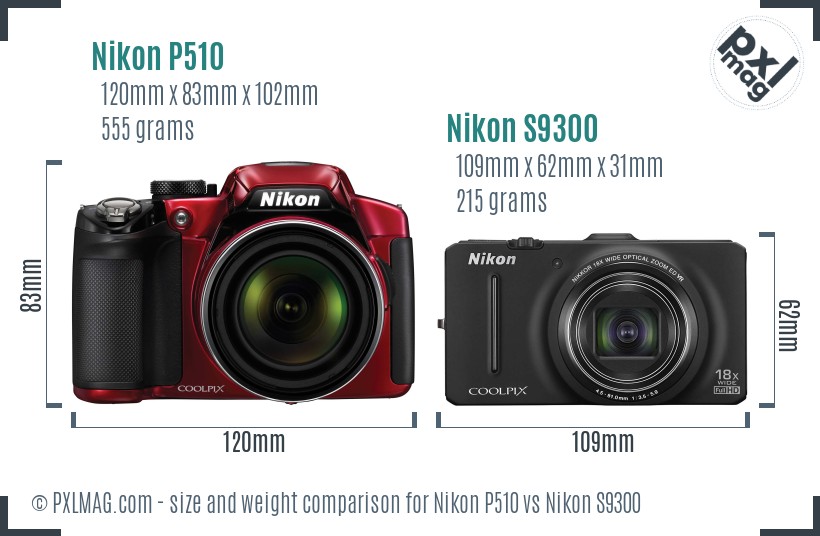 Nikon P510 vs Nikon S9300 size comparison