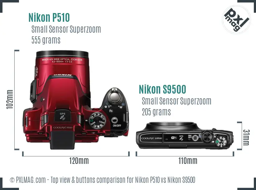 Nikon P510 vs Nikon S9500 top view buttons comparison