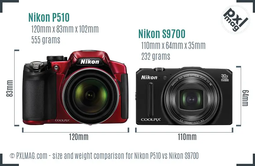 Nikon P510 vs Nikon S9700 size comparison