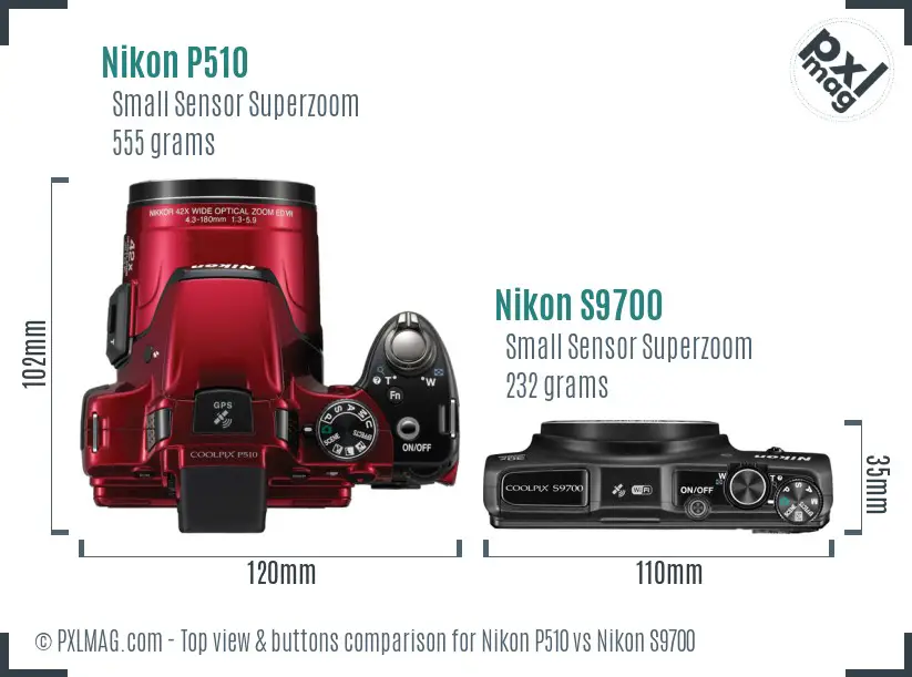 Nikon P510 vs Nikon S9700 top view buttons comparison