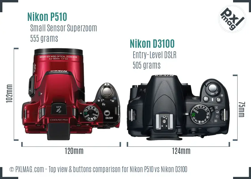 Nikon P510 vs Nikon D3100 top view buttons comparison Nikon P510 vs Nikon D3100 top view buttons comparison