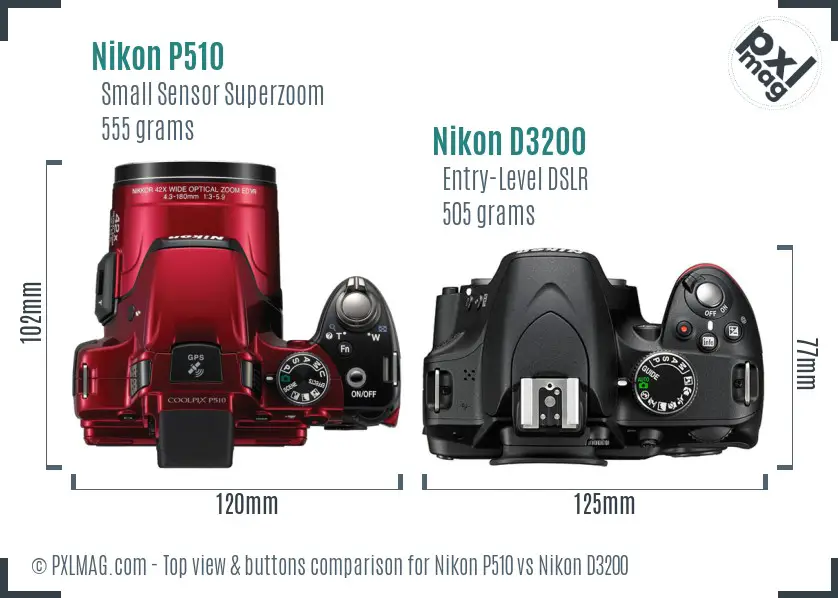 Nikon P510 vs Nikon D3200 top view buttons comparison Nikon P510 vs Nikon D3200 top view buttons comparison