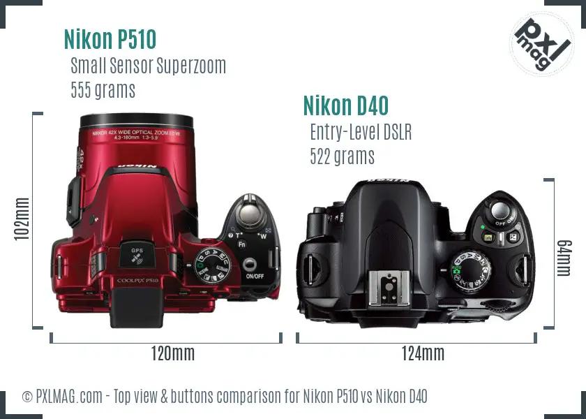 Nikon P510 vs Nikon D40 top view buttons comparison Nikon P510 vs Nikon D40 top view buttons comparison