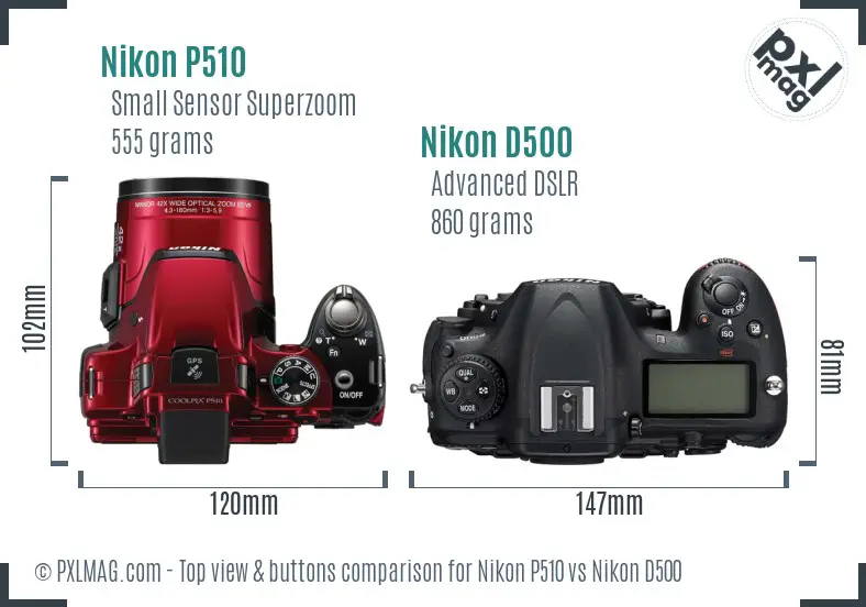 Nikon P510 vs Nikon D500 top view buttons comparison Nikon P510 vs Nikon D500 top view buttons comparison