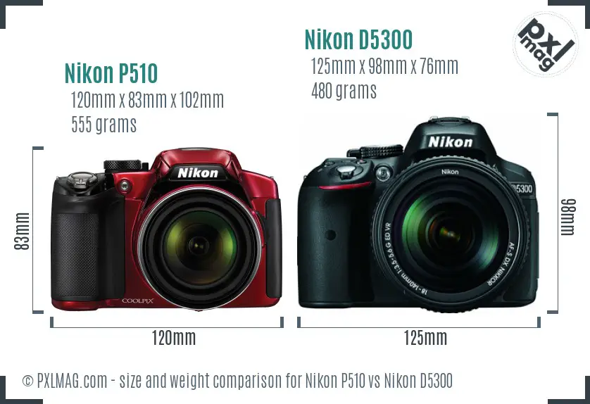 Nikon P510 vs Nikon D5300 size comparison