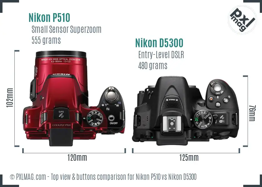 Nikon P510 vs Nikon D5300 top view buttons comparison
