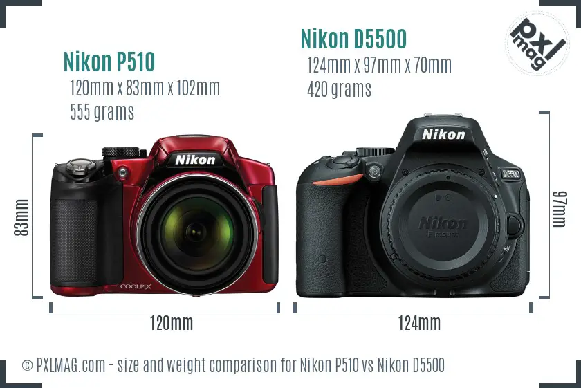 Nikon P510 vs Nikon D5500 size comparison