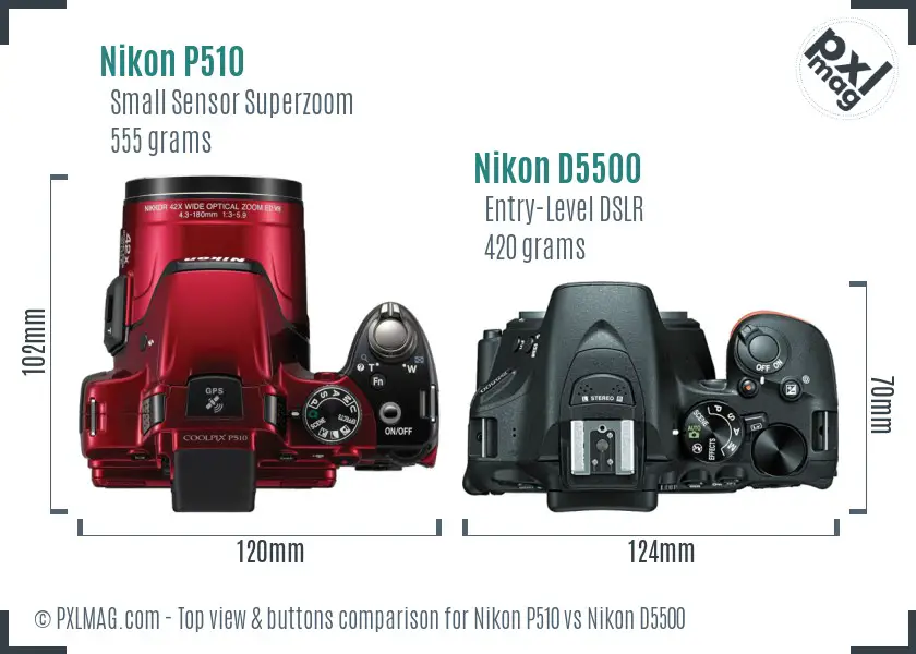 Nikon P510 vs Nikon D5500 top view buttons comparison